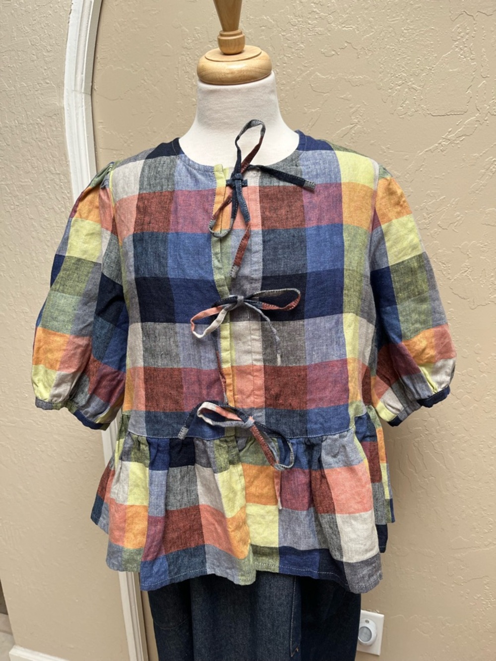 notPERFECTLINEN Melina Top in Pastel Multicolor Plaid, M/L, NEW